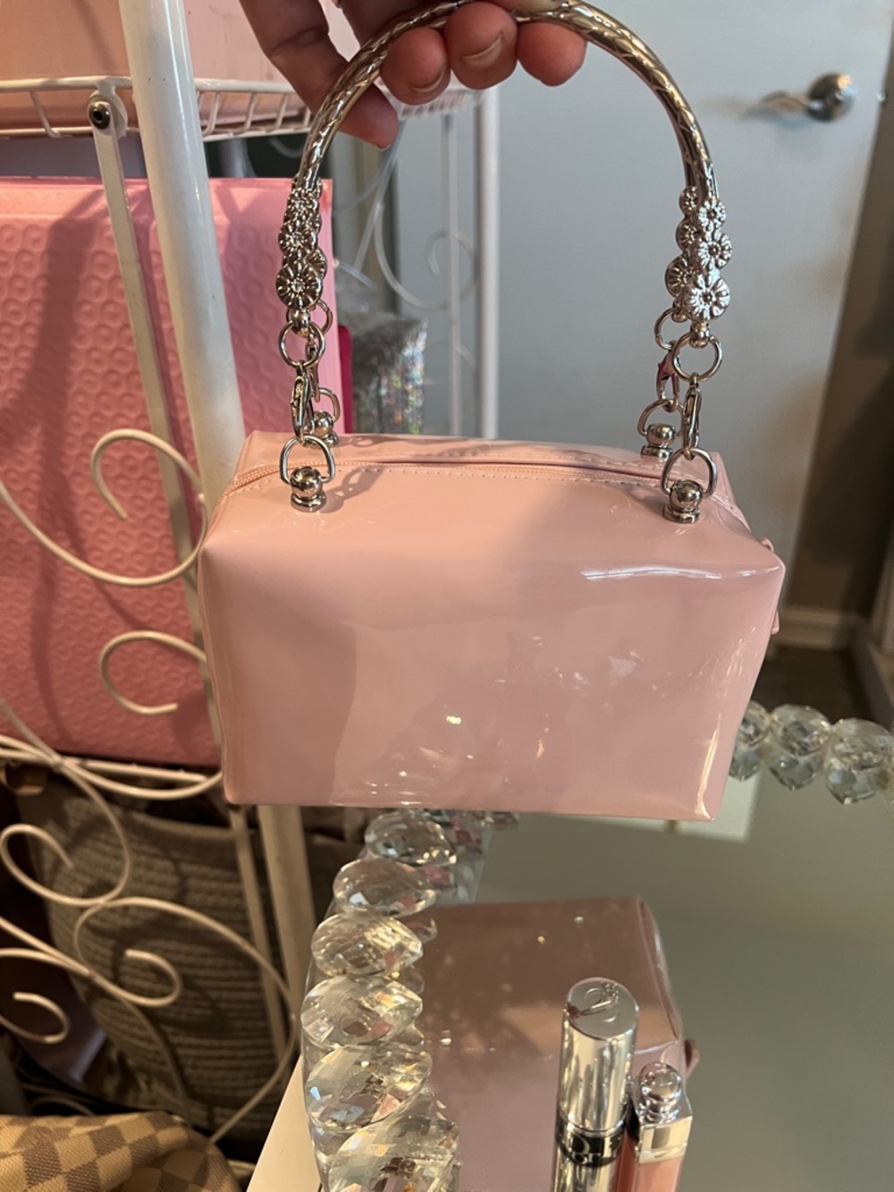 Dior Pink Patent Cosmetic Bag with Silver-Tone Handles- Mini Lip & Mascara - Picture 5 of 8